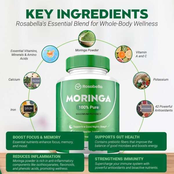 Rosabella Moringa 100% Pure – Maximum Potency| Supports Sleep, Joints, and Energy Levels| 60 Capsules - 图片 3