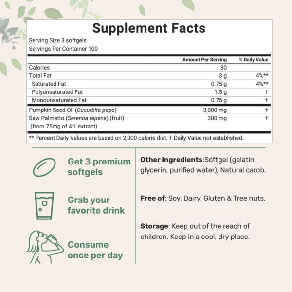 300 Softgels Pumpkin Seed Oil with Saw Palmetto, 3000mg Herbal Supplement - 图片 2