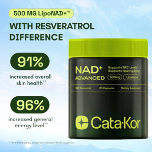 Cata-Kor NAD+ 500mg Anti-Aging Supplement with Resveratrol – Clinically Studied NAD+ Booster for Skin Health, Energy & Cellular Renewal| Liposomal Formula for Enhanced Absorption
