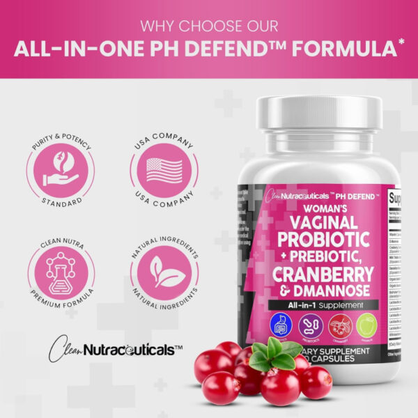 Clean Nutraceuticals Vaginal Probiotics for Women   Prebiotics 20 Billion Cranberry Pills 30,000mg w/D-Mannose 500 mg for Urinary Tract Health pH Balance - for Vaginal Health Supplements Pills - 图片 5