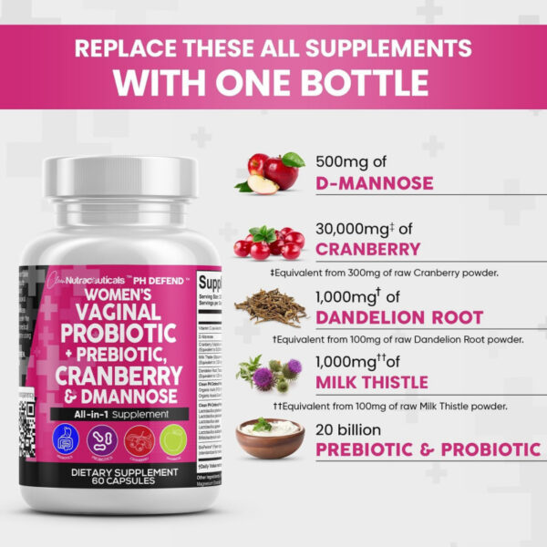 Clean Nutraceuticals Vaginal Probiotics for Women   Prebiotics 20 Billion Cranberry Pills 30,000mg w/D-Mannose 500 mg for Urinary Tract Health pH Balance - for Vaginal Health Supplements Pills - 图片 2