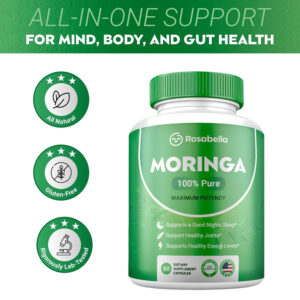 Rosabella Moringa 100% Pure – Maximum Potency| Supports Sleep, Joints, and Energy Levels| 60 Capsules