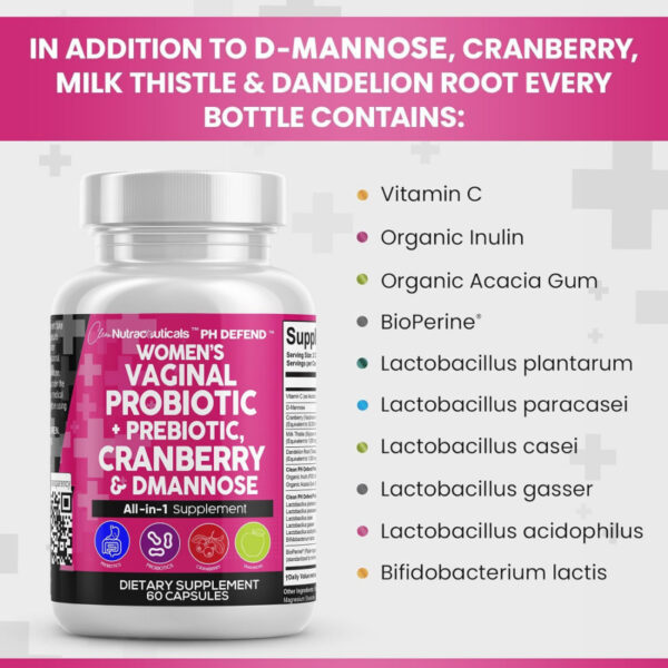 Clean Nutraceuticals Vaginal Probiotics for Women   Prebiotics 20 Billion Cranberry Pills 30,000mg w/D-Mannose 500 mg for Urinary Tract Health pH Balance - for Vaginal Health Supplements Pills - 图片 4