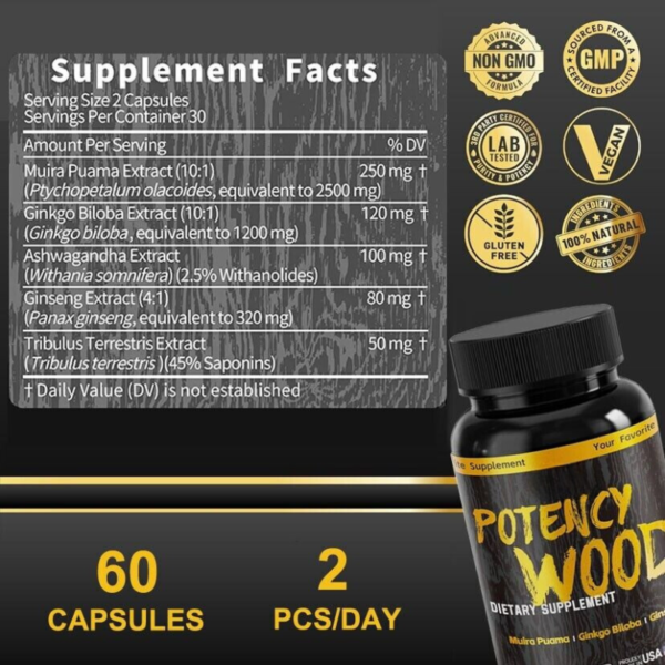 【1pack】Potency Wood Ginseng Ashwagandha GingkoTribulus,Herbal Supplements 60 Capsules,Adaptogen Energy Stamina lmmune AntioxidantsGut Health - 图片 6