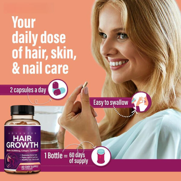 120 capsules，24-in-1 Advanced Hair Growth Vitamins | Biotin 10,000mcg, Collagen, Patented OptiMSM, goMCT, Saw Palmetto | Naturally Regrow Stronger & Healthier Hair, Skin and Nails | Stops Hair Loss | 60 Day Supply - 图片 7