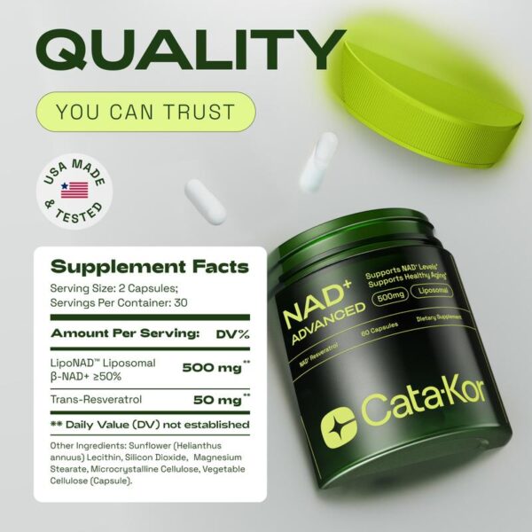 Cata-Kor NAD+ 500mg Anti-Aging Supplement with Resveratrol – Clinically Studied NAD+ Booster for Skin Health, Energy & Cellular Renewal| Liposomal Formula for Enhanced Absorption - 图片 6